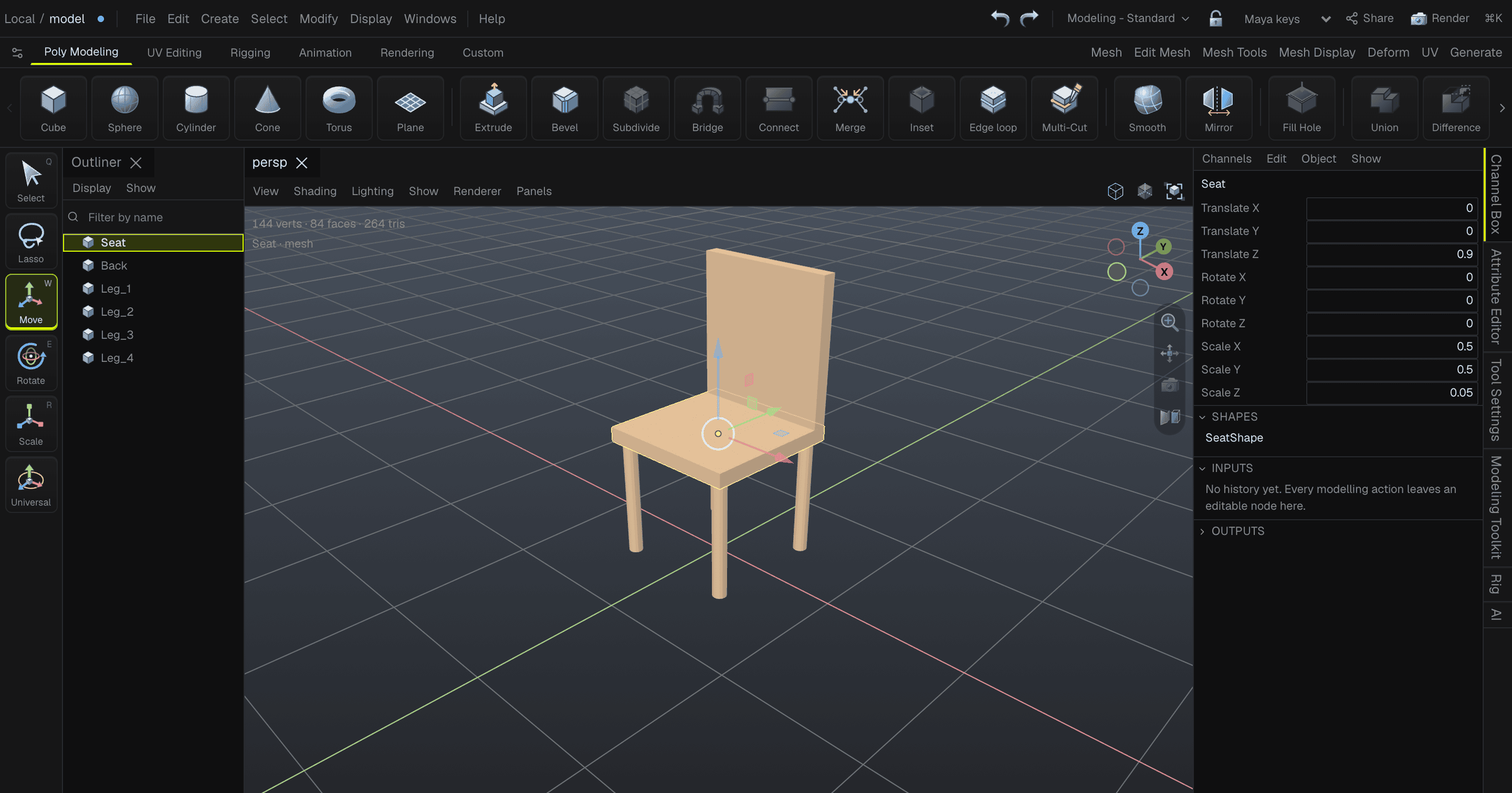 A 3D editor showing a simple chair made of a seat, a back and four legs, with the outliner listing Seat, Back and Leg_1 to Leg_4 on the left and the seat's translate, rotate and scale values on the right.