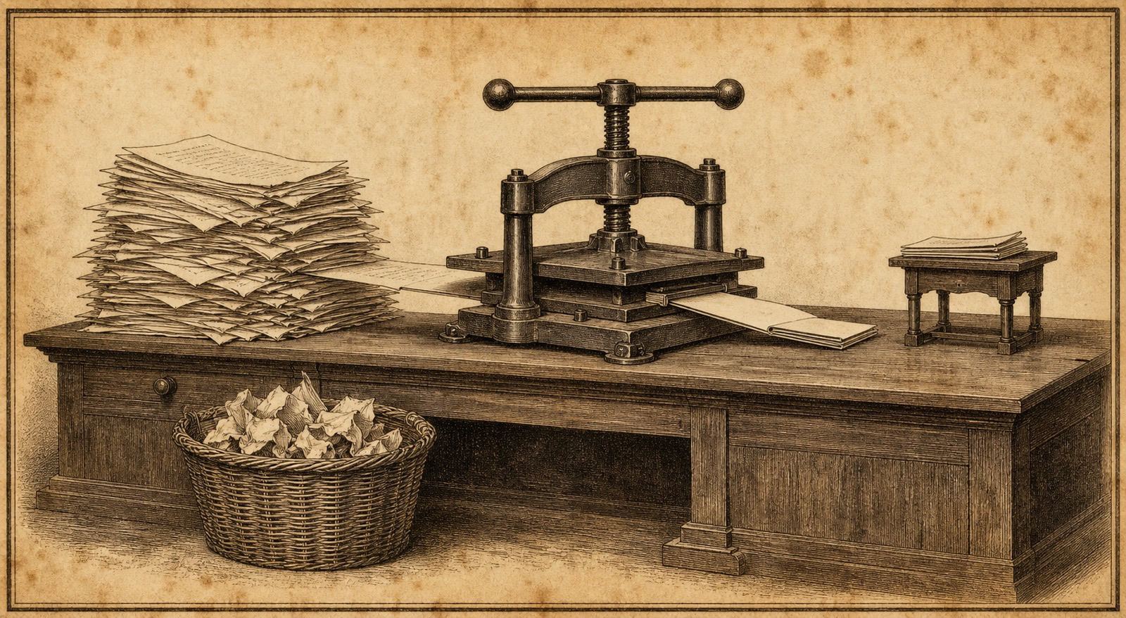 An antique engraved plate of a clerk's bench. A tall untidy heap of written sheets feeds into a heavy iron screw press, and a single thin folded booklet emerges from the other side, far smaller than the heap. A wicker basket on the floor holds crumpled sheets pulled from the heap before pressing, and a few of the newest sheets sit untouched on a stand.