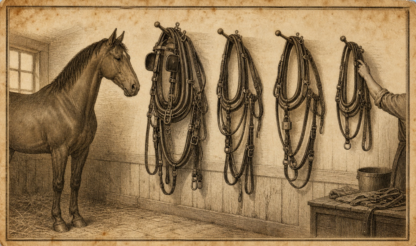 An antique engraved plate of a tack room wall hung with four complete harness sets for the same single horse, each cut differently: one full set with heavy blinders, one stripped down with no blinders, one with a closed padlock on its buckle, one small and plain. The horse waits unharnessed at the left while a hand lifts one set off its peg.