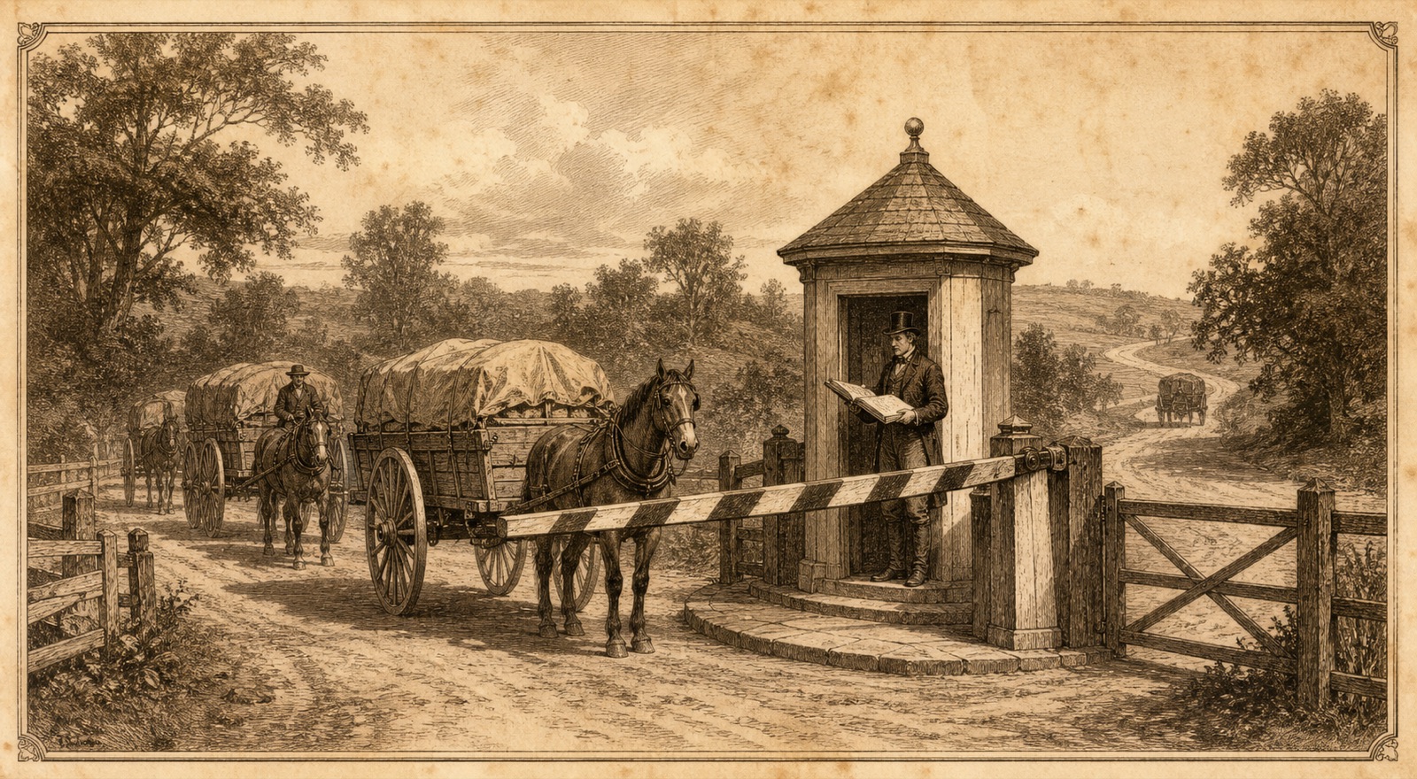 An antique engraved plate of a turnpike toll gate. A gatekeeper at a booth holds a large open rule book and checks an approaching loaded cart against it before deciding whether to raise the barrier. Two more carts wait behind, and one already waved through is small in the distance.