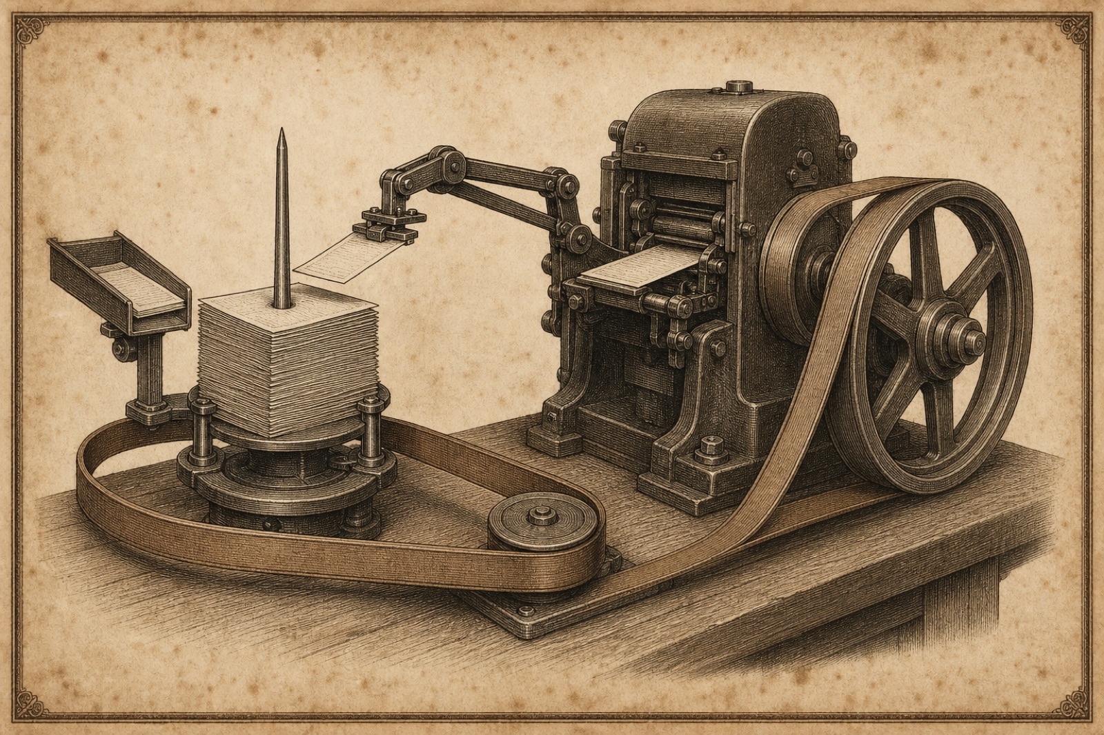An antique engraved plate of a machine shop station. A spike holds a thick stack of paper work tickets, a mechanical arm lifts exactly one ticket off the top and feeds it into an iron machine, and a leather drive belt loops from the machine back round a flywheel to the spindle. A side chute lets a fresh ticket be dropped onto the spike mid-cycle.