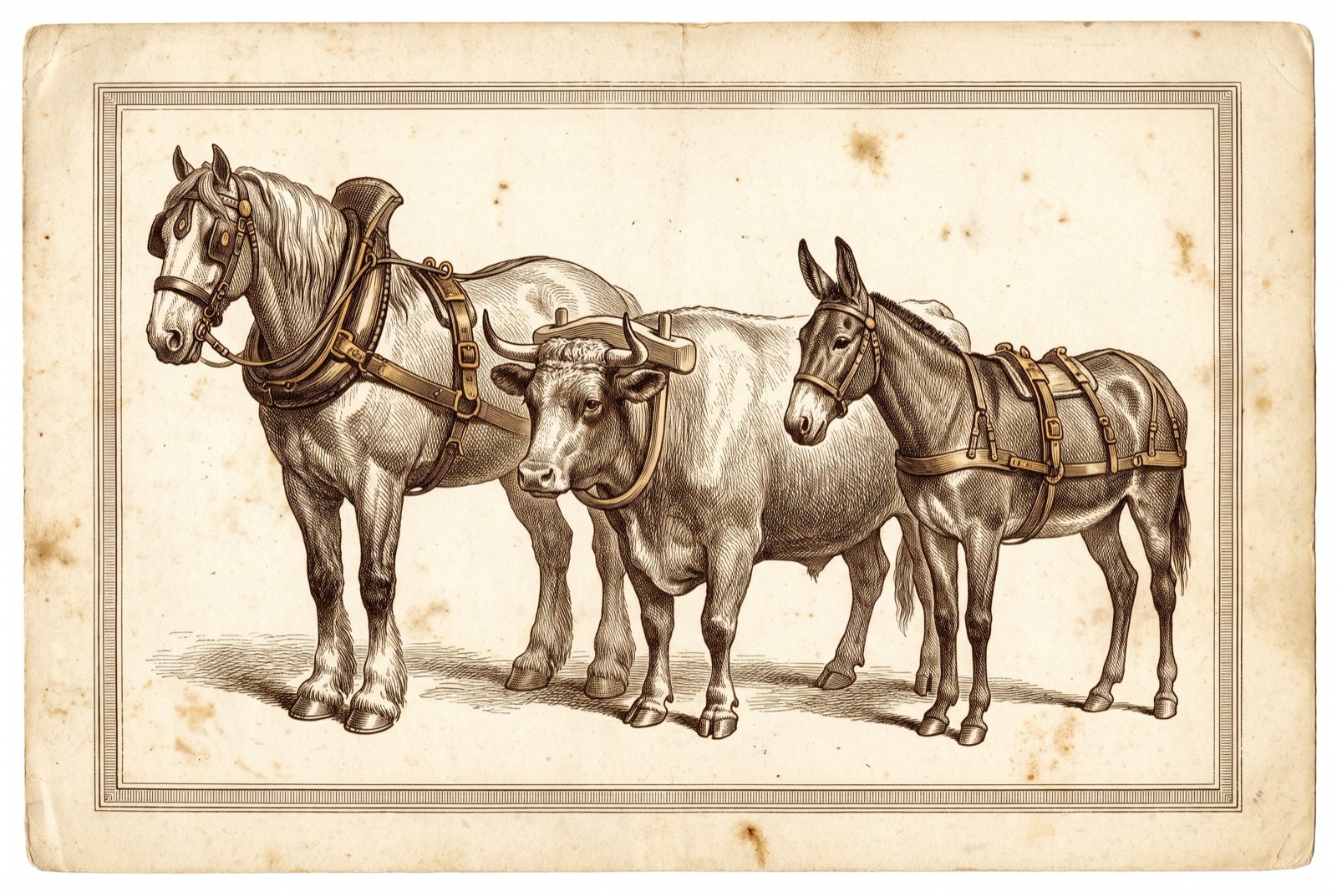 An antique engraved plate showing a shire horse, an ox and a mule side by side, each fitted with a differently cut harness made from the same leather and buckles.