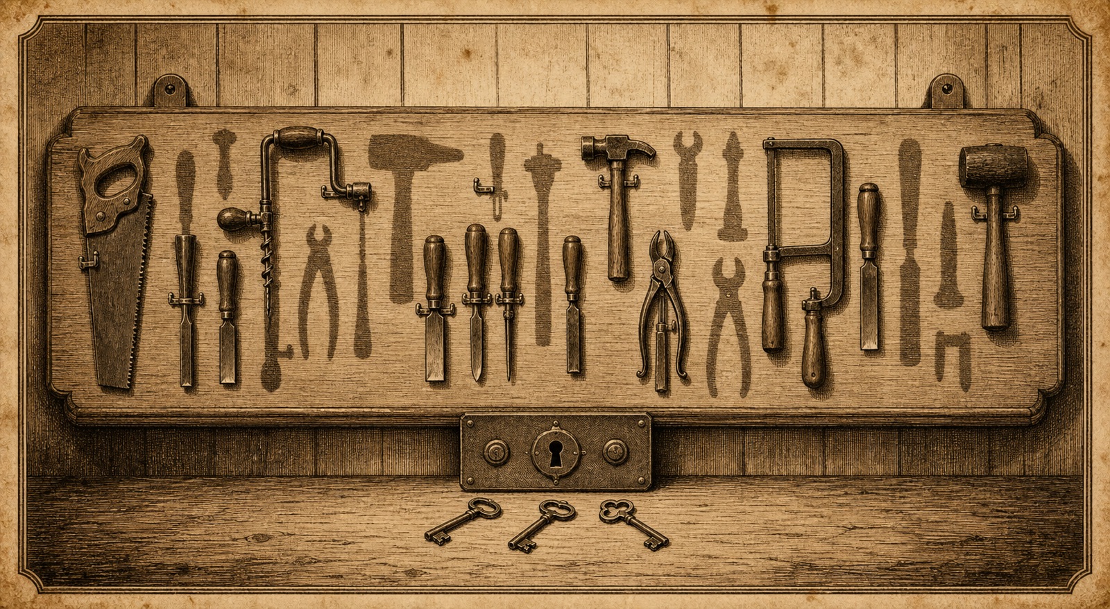 An antique engraved plate of a workshop shadow board. Every hand tool has its exact silhouette painted on the board behind it. Most hooks hold their tool, but several silhouettes stand conspicuously empty. Below the board is a lock plate with three different keys laid beside it.
