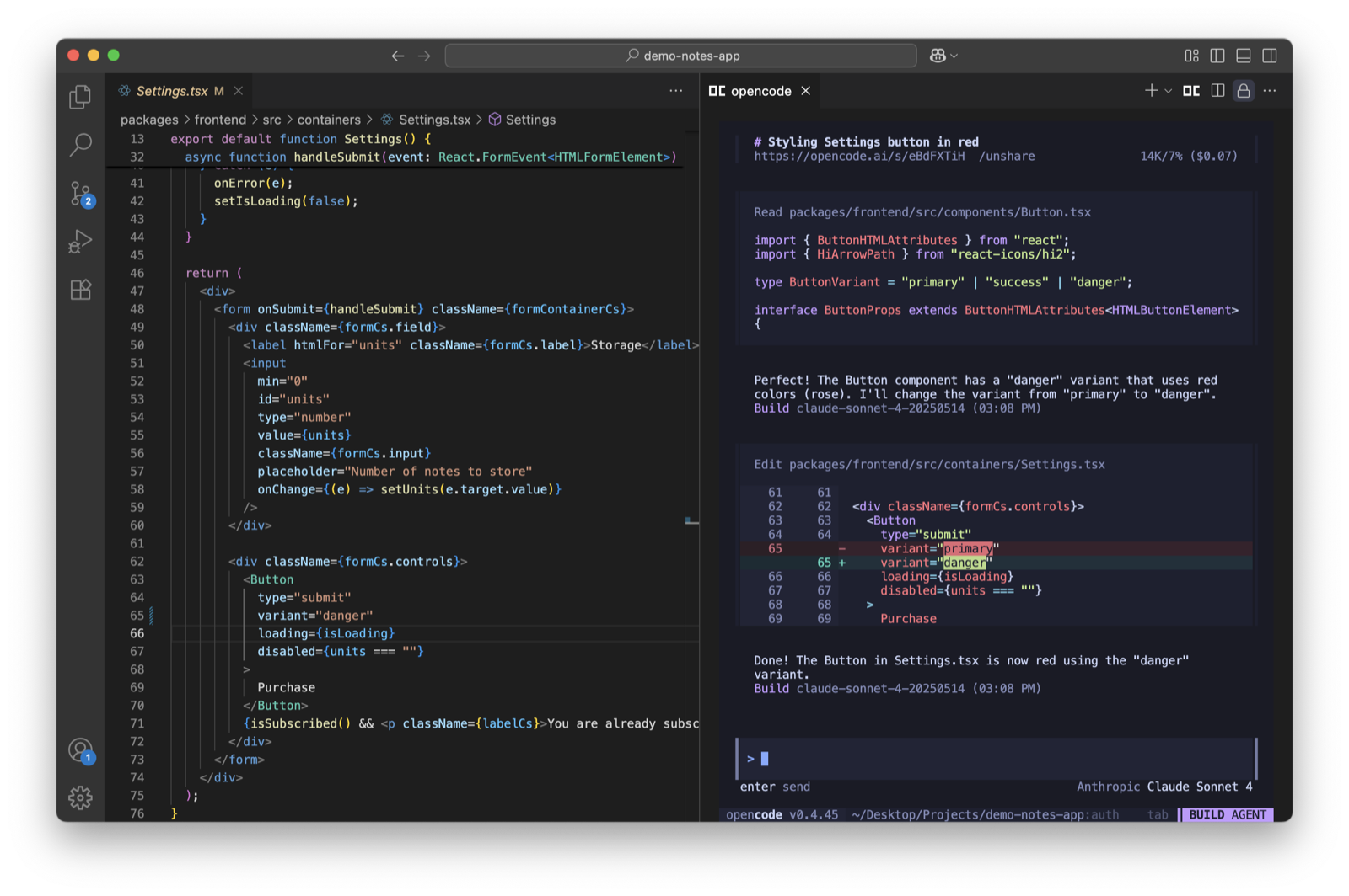 The OpenCode VS Code extension in a side panel next to an open file. It reads a component, explains the change, and shows an inline diff switching a button variant from primary to danger.