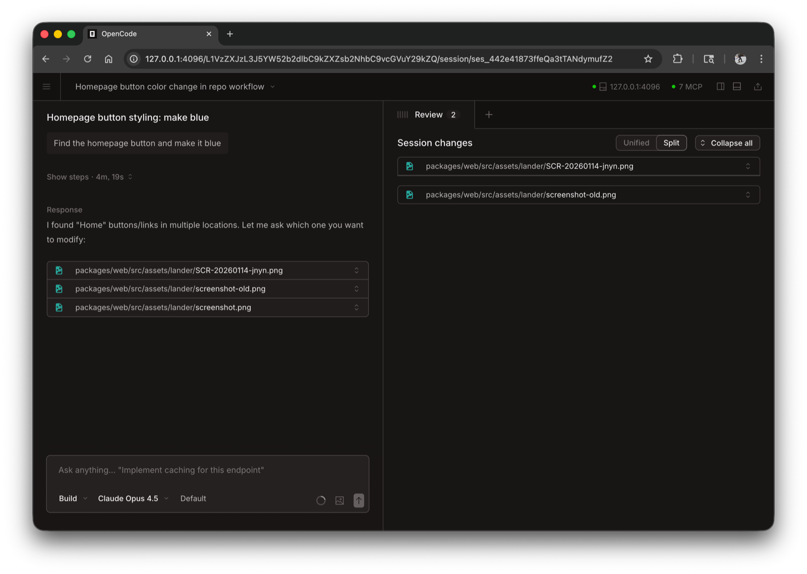 The OpenCode web client showing a session in the browser. The address bar reads 127.0.0.1:4096 with a session ID, and the header shows a live server indicator and 7 connected MCP servers.