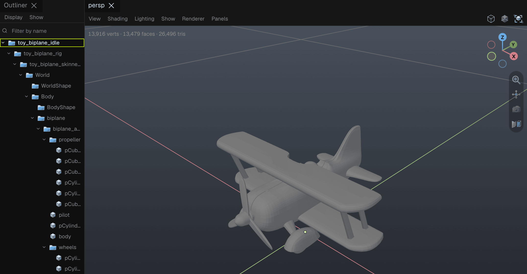 A 3D editor with the toy biplane in the viewport. The outliner shows a deep hierarchy: toy_biplane_idle, toy_biplane_rig, a skinned mesh, World, Body, biplane, propeller, and meshes named pCube and pCylinder, then pilot, body and wheels.