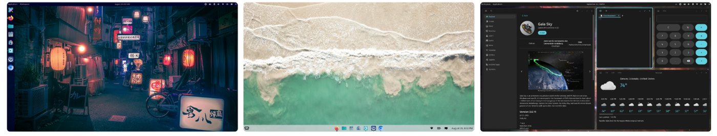 Three COSMIC desktop screenshots side by side: a dark wallpaper of a lantern-lit street, a beach seen from above with a dock along the bottom, and a dark desktop with widget panels and a weather applet.