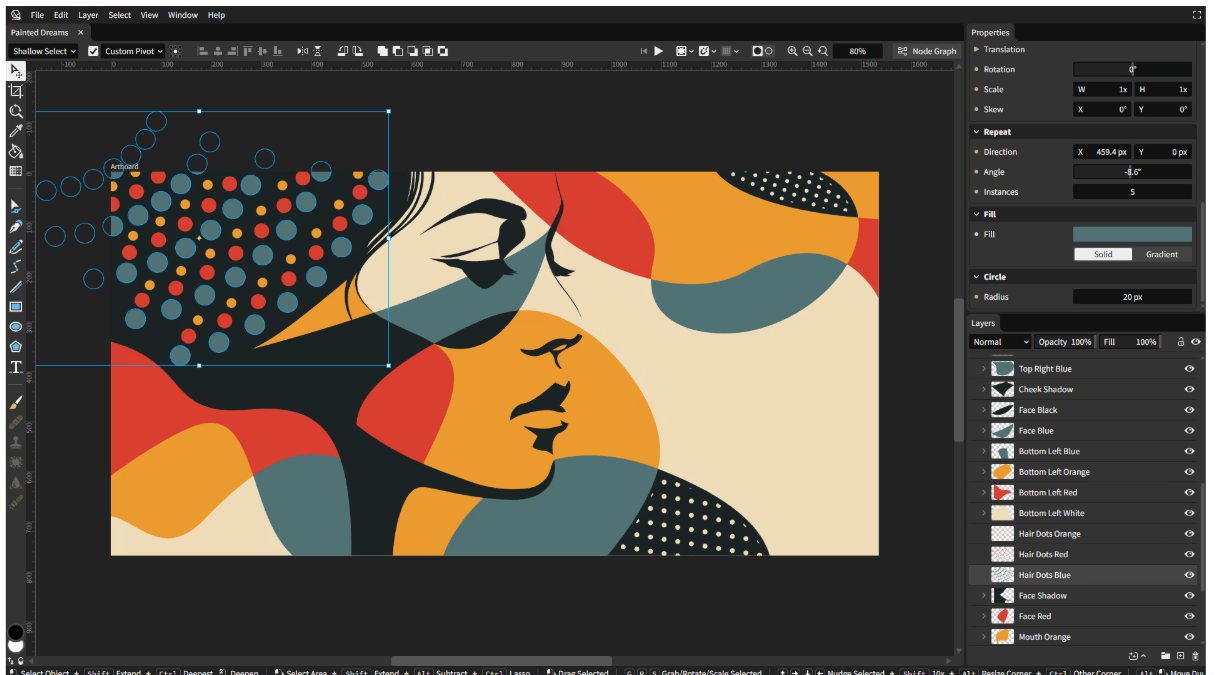 Graphite's editor window showing a flat-colour illustration of a woman's face in profile surrounded by procedurally generated polka dots, with a properties panel on the right.