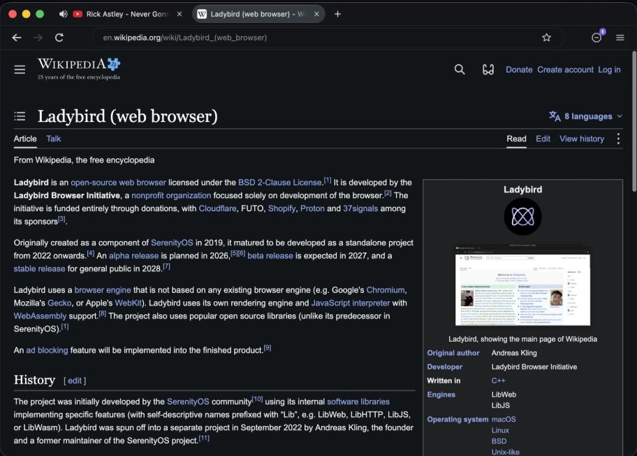 The Ladybird browser rendering the Wikipedia article about Ladybird, with tabs, an address bar and the page's infobox showing the Ladybird logo.