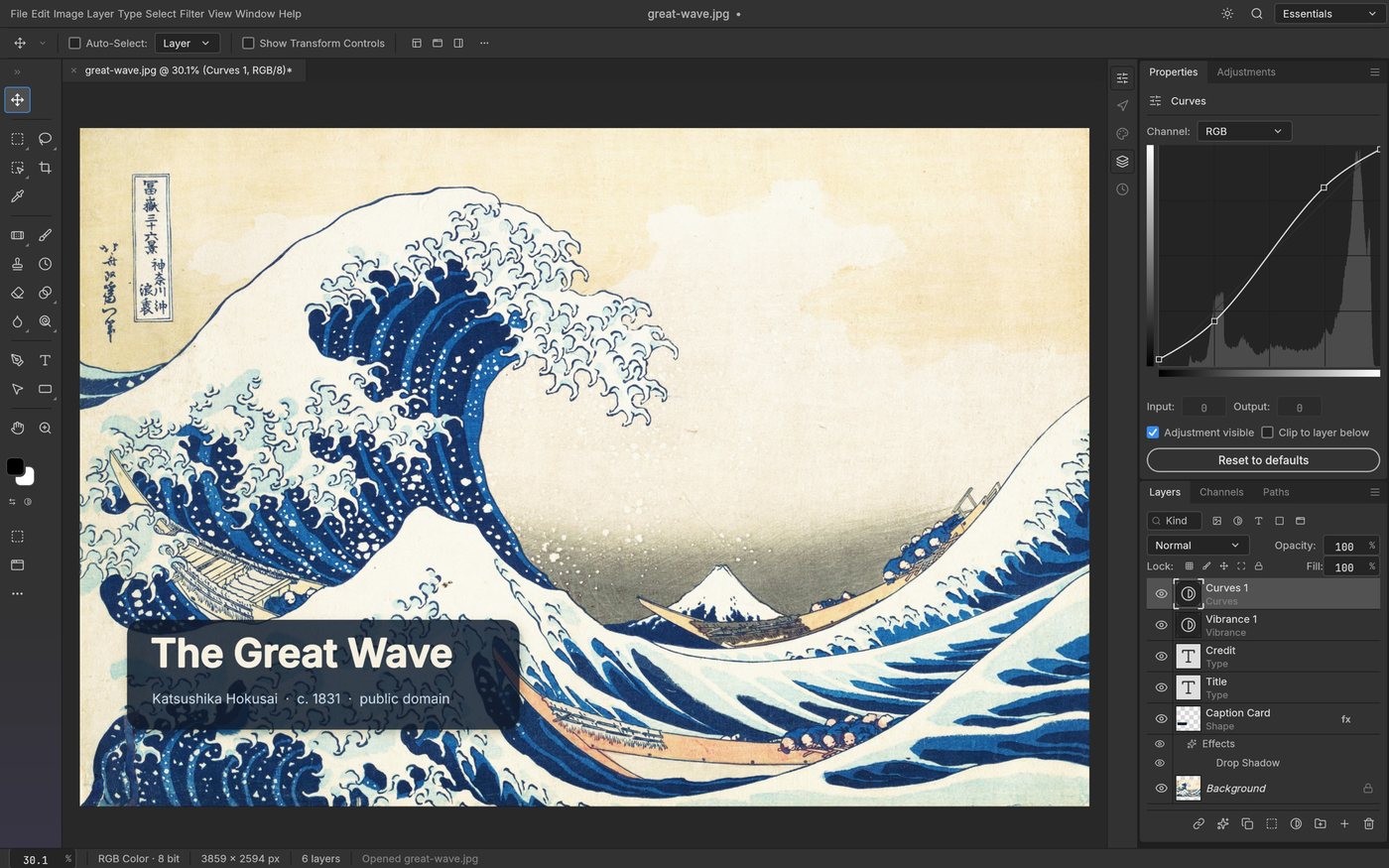 PhotoCraft open on Hokusai's The Great Wave off Kanagawa, with a Photoshop-style layout: a tool column on the left, the image in the centre, and a Curves adjustment panel and layer stack on the right.