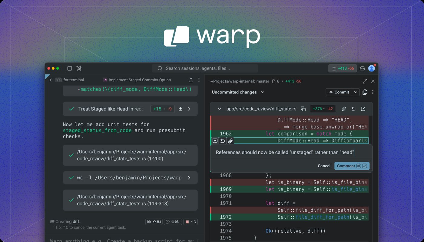 Warp's agent workspace: on the left, an agent's step-by-step log of implementing a feature and running tests; on the right, a diff of a Rust file with an inline review comment.