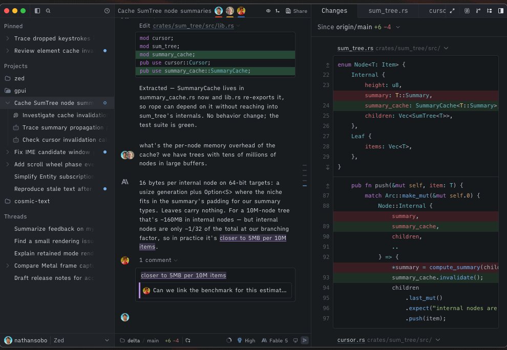 The Zed editor with an agent thread on the left discussing a memory optimisation, and a diff of Rust code on the right with removed lines in red and added lines in green.